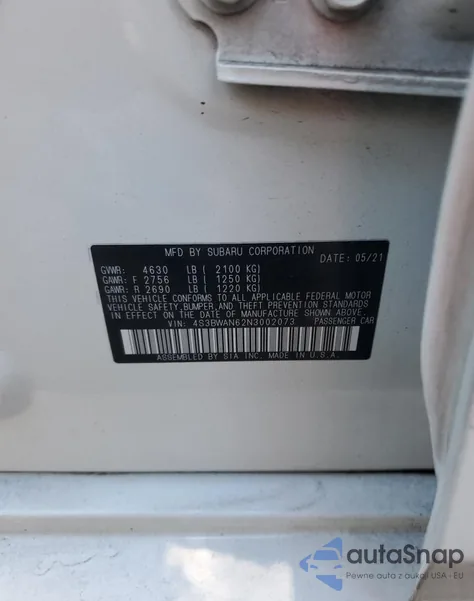 2022 Subaru Legacy Limited z USA, uszkodzony, nr VIN 4S3BWAN62N3002073